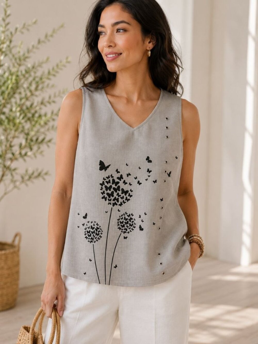 ShopCozy Gray Bamboo Women’s Top Sleeveless V-Neck Button Detail Size L